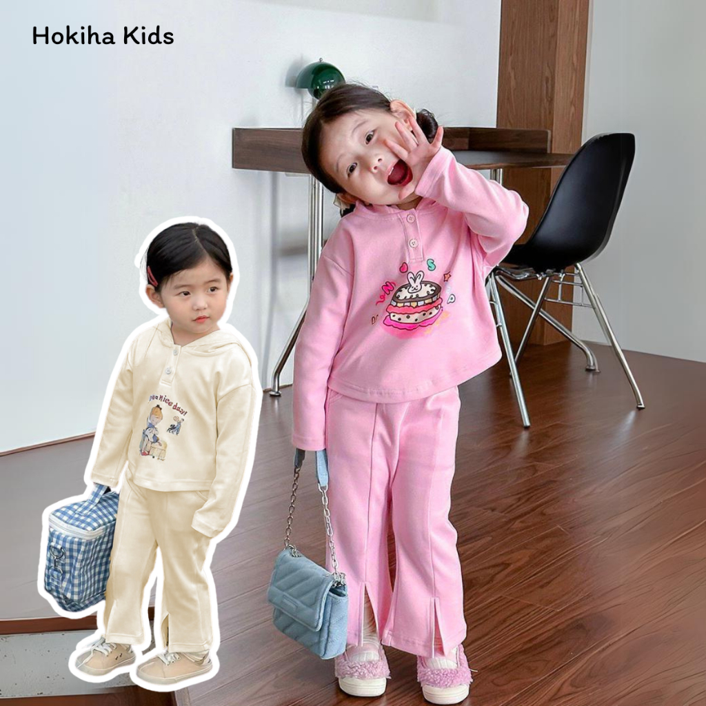 Bộ quần áo dài tay Hokiha Kids croptop cho bé gái phối mũ, quần xẻ tà cá tính vải da cá mềm mại size