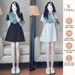 Đầm váy nữ cotton mix jean bò xinh xắn phối dây rút eo tôn dáng , thanh lịch dành các nàng thơ đi chơi, hẹn hò, du lịch