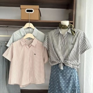 Áo sơ mi kẻ sọc thêu nơ cộc tay hàn quốc