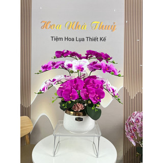 Chậu hoa lan hồ điệp cao su 9 cành hoa - 1 cành 5 bông ( Chậu sứ nhập, phụ kiện cao cấp)