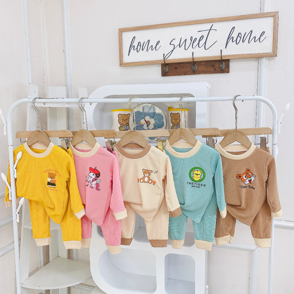 Bộ quần áo dài tay thu đông, chất liệu thun tăm, in họa tiết cho bé size 6-16kg - P31
