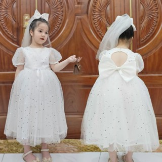 [Tặng Kèm Bờm, Nơ Cài Lưng] Váy Đính Sao Hở Lưng Siêu Đẹp - Hàng 4 Lớp Phồng Đẹp - SAO TRẮNG