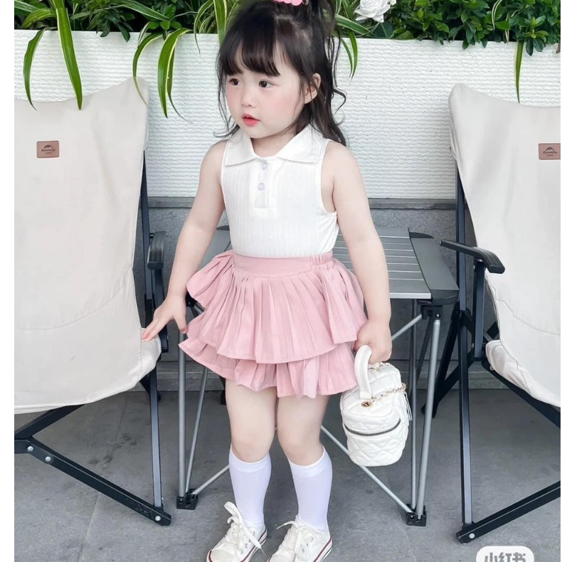 Set Váy Hè Bé Gái - Set Áo Thun Tăm Kèm Chân Váy Xếp Ly 2 Tầng Cho Bé Gái Siêu Xinh Mặc Hè 10-30kg