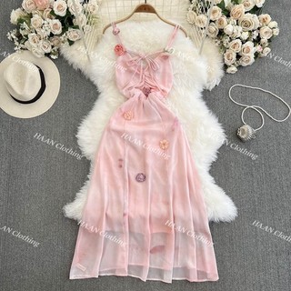 HA5165 [Sẵn một số size] Đầm Quảng Châu váy maxi hai dây voan màu hồng có lót trong đính hoa ngọt ngào đi biển du lịch