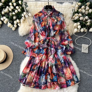 HA5169 [Order] Đầm Quảng Châu váy voan cổ chân thắt nơ tiểu thư công sở váy đi tiệc dài tay retro váy vintage siêu xinh