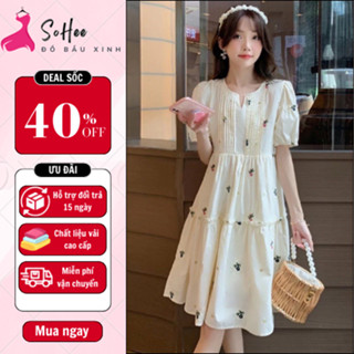Váy bầu xinh, đầm bầu hoa nhí dáng babydoll thiết kế dập ly ngực, tay bồng tiêu thư phong cách hàn quốc,họa tiết vintage