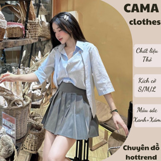 Set đồ nữ áo sơ mi kẻ thêu miumiu mix chân váy xếp ly Cama Clothes, đồ bộ nữ mùa hè tay lỡ kèm cà vạt HCOM2618