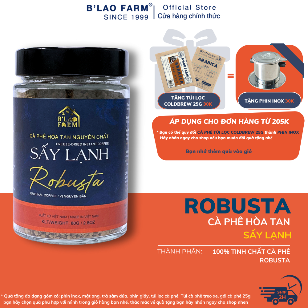 Cà Phê ROBUSTA Hòa Tan Sấy Lạnh B'LAO FARM 100% cà phê nguyên chất vị đắng đậm, giữ trọn vẹn hương vị tự nhiên, tiện lợi