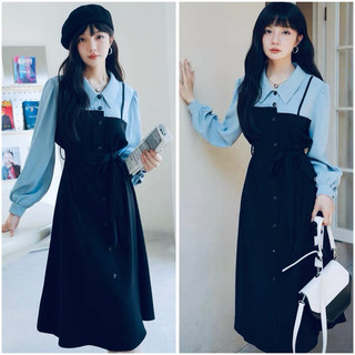 Đầm midi sơ mi xanh phối xanh biển tay dài xuongvnxk (kèm hình thật)