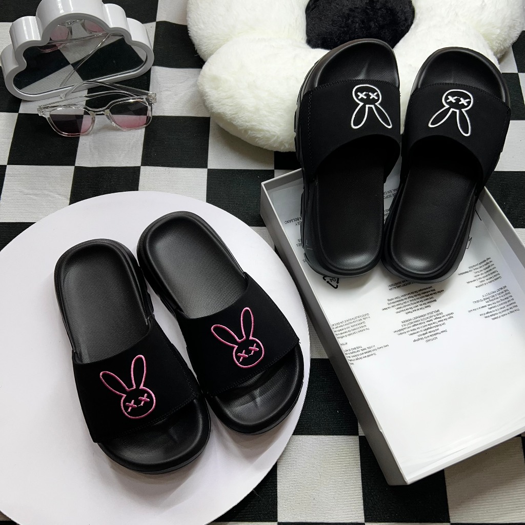 Dép quai ngang nam nữ RABIT TOWN Quai si nhung thêu thỏ Đế cao 4cm kiểu dáng Bassic phong cách