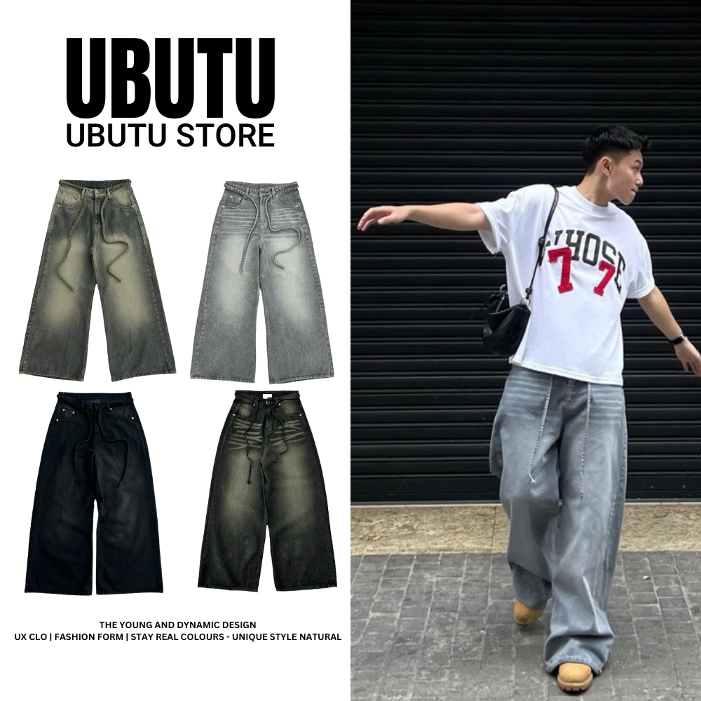Quần Jean Ống Rộng Nam Nữ Phối Dây - LIGHT SMOKE LOOSE PLEAT - UBTQ018 - UBUTU STORE