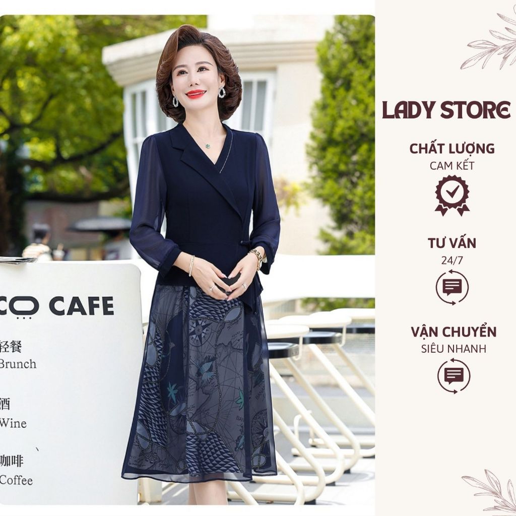 Đầm trung niên tay dài hàng nhập khẩu cao cấp dành cho phụ nữ U50 U60 U70