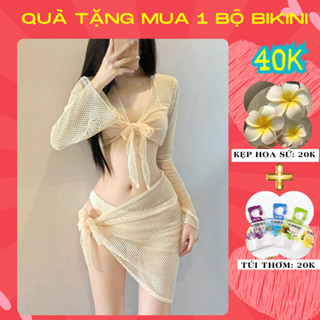 Bikini đi biển set 4 chi tiết áo bra 2 dây quần tam giác kèm áo lưới dài tay và khăn quấn thời trang D5