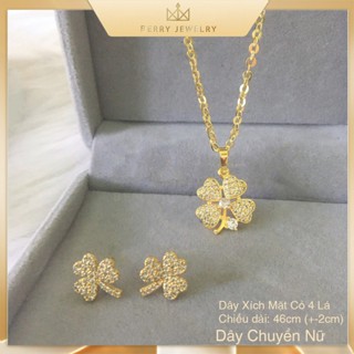  Sét Dây Chuyền Nữ Mặt Cỏ 4 Lá Dây XÍch Nhỏ Bông Tai Cỏ 3 Lá May Mắn Hợp Kim Titan Xi Mã Vàng Dài 46cm 