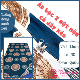 Áo bọc nệm 2 mặt có dây kéo fullsize vải thun lạnh Hàn Quốc in3D sợi Polyester mẫu trống đồng xanh rêu vỏ bọc bảo vệ nệm