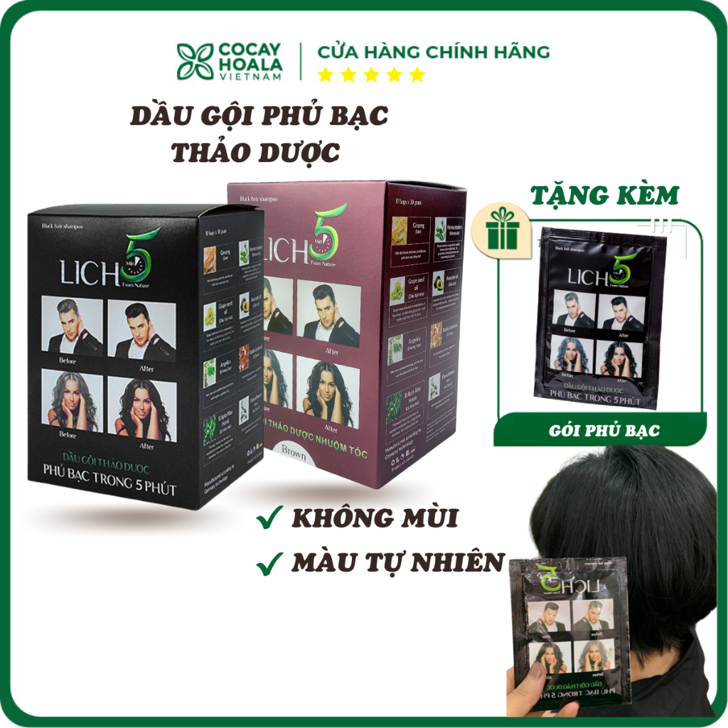 Dầu Gội Phủ Bạc Lich5, Nhuộm Tóc Thảo Dược Đen Tóc Cocayhoala làm đen tóc trong 5 phút - hộp 10 gói