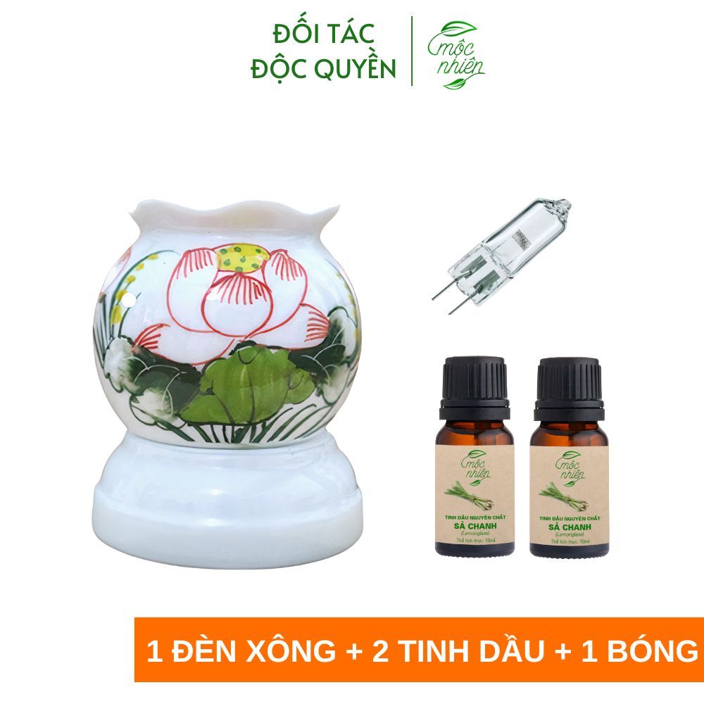 Combo 1 đèn xông tinh dầu gốm Bát Tràng + 2 tinh dầu 10ml Mộc Nhiên (có kiểm định) + 1 bóng đèn dự phòng
