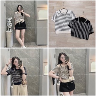 Mã 981 áo len kẻ đen be cổ đức 3 khuy cho nữ