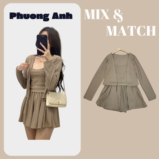 Set 3 Món gồm Áo 2 Dây Kèm Quần Sooc Giả Váy Ống Rộng và Áo Cardigan chất thun tăm PHUONGANH