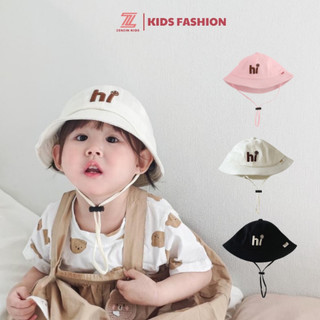 Mũ bucket cho bé 3-6 tuổi ZENZIN KIDS thêu chữ Hi đáng yêu, mũ cụp trẻ em có dây quai cho bé vòng đầu 48-50cm