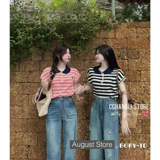 Áo len mongtoghi cổ polo ngắn tay kẻ ngang trơn basic qccc freesize