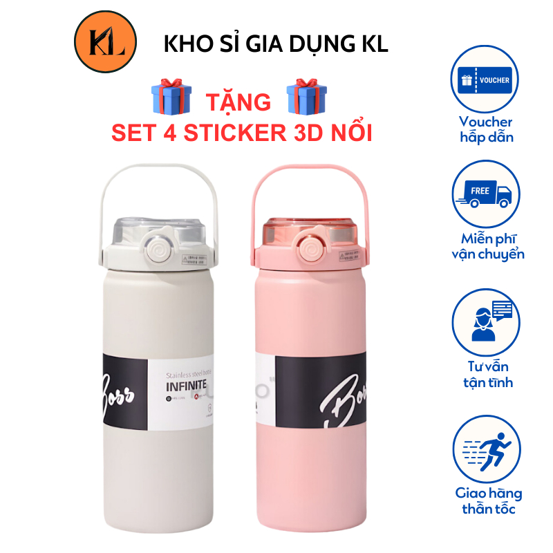 Bình giữ nhiệt Inox 316 BOSS 1000ml có quai xách và ống hút, Bình giữ nhiệt nóng lạnh 24h cao cấp tặ