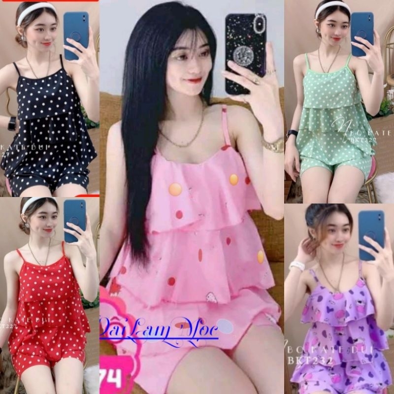 Đồ bộ ngắn ba tầng hai dây vải lụa hàn mềm mát dễ thương dưới 56kg