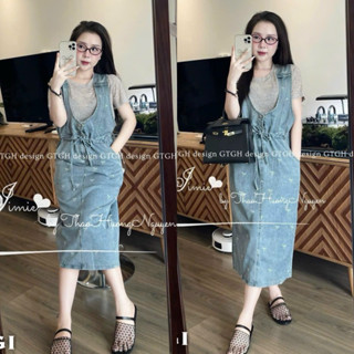 Váy suông QC Loại 1 set bò yếm kèm áo nơ nhí rút eo