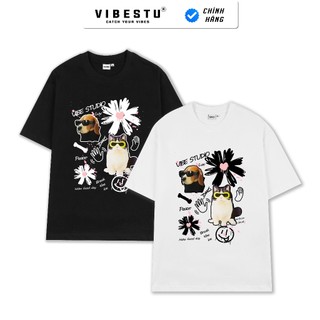 Áo Thun Local Brand VIBESTU "Dog and Cat " , Áo Thun Oversize Form Rộng Unisex Nam Nữ 250Gsm 100% Cotton