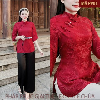 Mã PP01 Đỏ Đô_Bộ Áo Lụa Tằm, Quần Lụa Vân, Pháp Phục Thanh Lịch Cho Nữ Áo Tay Lửng Quần Dài Họa Tiết Hoa Cúc Vạn Thọ
