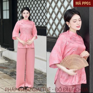 Mã PP01 Hồng Phấn_Bộ Áo Lụa Tằm, Quần Lụa Vân, Pháp Phục Thanh Lịch Cho Nữ Áo Tay Lửng Quần Dài Họa Tiết Hoa Cúc Vạn Thọ