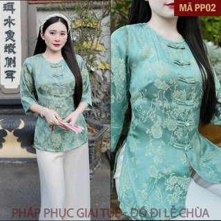 Mã PP02 Xanh Ngọc_Set Đồ Pháp Phục Cho Nữ Áo Lụa Tằm Cao Cấp Quần Lụa Vân Dày Dặn, Áo Cổ Tròn Khuy Tàu Đính Đá