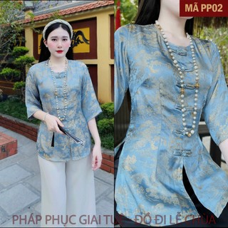 Mã PP02 Xanh Da Trời_Set Đồ Pháp Phục Cho Nữ Áo Lụa Tằm Cao Cấp, Quần Lụa Vân Dày Dặn, Áo Cổ Tròn Khuy Tàu Đính Đá