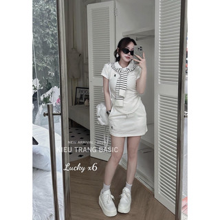 Set áo nỉ da cá mix chân váy A thêu có vạt kẻ kèm
