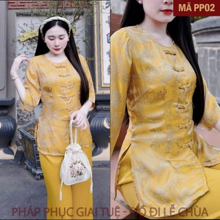 Mã PP02 Vàng_Set Đồ Pháp Phục Thanh Lịch Cho Nữ Áo Lụa Tằm Cao Cấp, Quần Lụa Vân Dày Dặn, Áo Cổ Tròn Khuy Tàu Đính Đá
