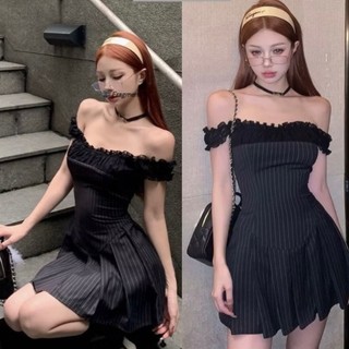 Đầm bẹt vai phối ren mềm họa tiết sọc tà xòe sexy tôn dáng Try Dress Biu Clothing BB0340