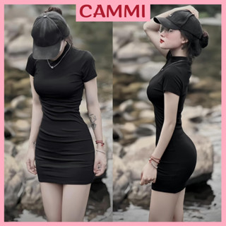 Váy body cộc tay ôm chất thun gân dày loại 1 co dãn dáng ngắn màu đen HV269