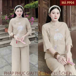 Mã PP04 Be_Pháp Phục Thanh Lịch Đi Lễ Chùa Cho Nữ, Chất Liệu Đũi Tằm Cao Cấp, Họa Tiết Thêu Sen