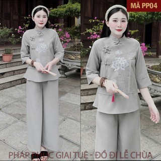 Mã PP04 Ghi_Pháp Phục Thanh Lịch Đi Lễ Chùa Cho Nữ, Chất Liệu Đũi Tằm Cao Cấp, Họa Tiết Thêu Sen