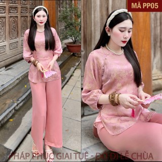 PP05 Hồng_Bộ Pháp Phục Đi Chùa Cho Nữ, Khuy Áo Ngọc Trai, Họa Tiết Mái Chùa Tay Bo, Chất Liệu Áo Lụa Tằm, Quần Lụa Vân.