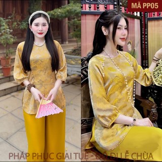 PP05 Vàng_Bộ Pháp Phục Đi Chùa Cho Nữ, Khuy Áo Ngọc Trai, Họa Tiết Mái Chùa Tay Bo, Chất Liệu Áo Lụa Tằm, Quần Lụa Vân.