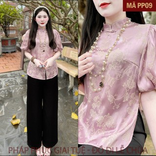 Mã PP09 Tím_Pháp Phục Thanh Lịch Đi Chùa Cho Nữ, Mã Cổ Tàu Tay Bổng, Chất Liệu Áo Lụa Gấm Cúc Chi 2 Da, Quần Lụa Vân.