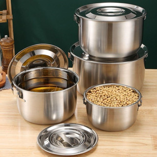 Âu tròn inox có nắp đậy size 2.4lít và 1.2lít, Thố inox có tay cầm đựng thức ăn, tích trữ dầu mỡ đa năng