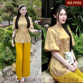 Mã PP09 Vàng_Pháp Phục Thanh Lịch Đi Chùa Cho Nữ, Mã Cổ Tàu Tay Bổng, Chất Liệu Áo Lụa Gấm Cúc Chi 2 Da, Quần Lụa Vân.
