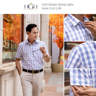 Áo Sơ Mi Trung Niên Nam Ngắn Tay Dáng Suông Vạt Ngang HGH FASHION Họa Tiết Kẻ Caro Màu Xanh Trắng Vải Cotton Cao Cấp