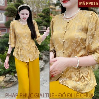 Mã PP015 Vàng_Đồ Bộ Đi Lễ Chùa Dành Cho Nữ, Chất Liệu Áo Lụa Gấm Cúc Chi 2 Da, Quần Lụa Vân - Họa Tiết Đính Khuy Đá
