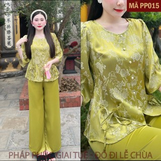 Mã PP015 Xanh Cốm_Đồ Bộ Đi Lễ Chùa Cho Nữ, Chất Liệu Áo Lụa Gấm Cúc Chi 2 Da, Quần Lụa Vân - Họa Tiết Đính Khuy Đá