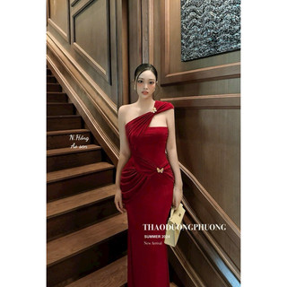 Váy maxi body nhúng lệch vai kèm tag bướm sang chảnh