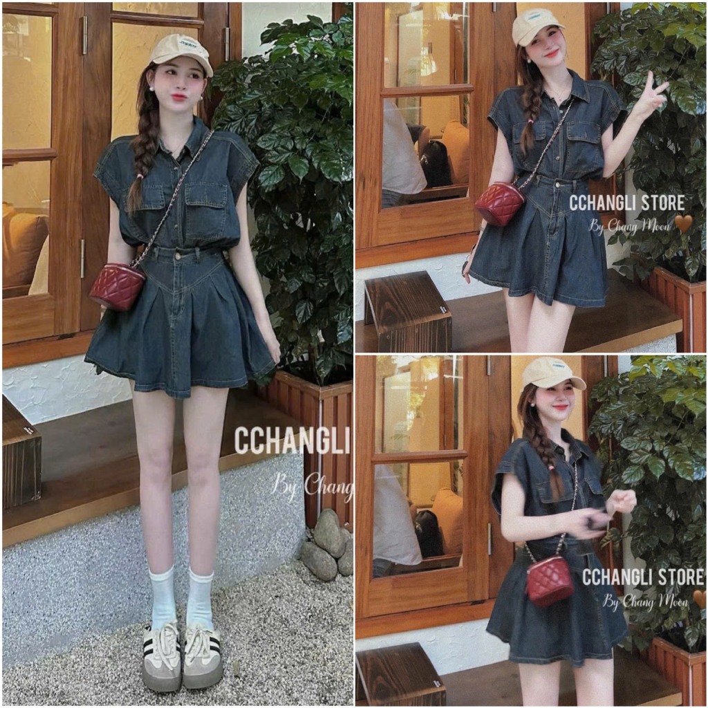 Sét đầm váy nữ áo cổ sơ mi , tay dơi mix chân váy xòe ngắn xinh xắn dành cho các nàng diện đi chơi siêu yêu, năng động.