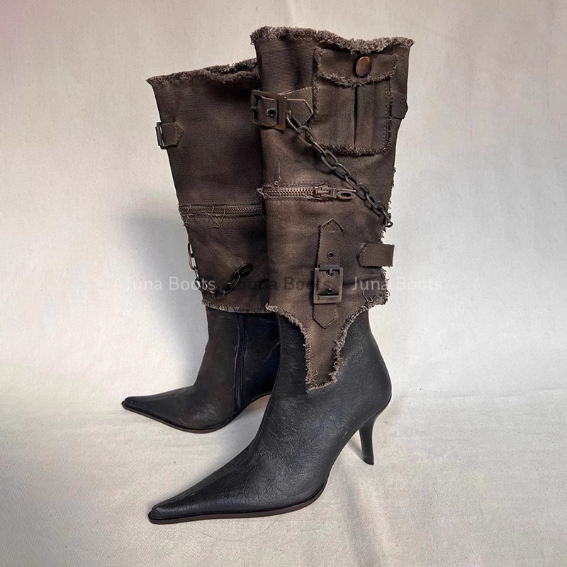 Giày Bốt Đùi Gót Nhọn Phong Cách Cá Tính Độc Lạ - Boots vintage mix max cowboy cao cấp